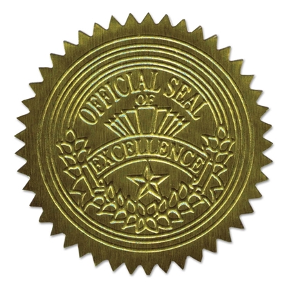 Official Seal of Excellence, Self-Adhesive Embossed Seals, Gold, 2" Dia, 100/Pack
